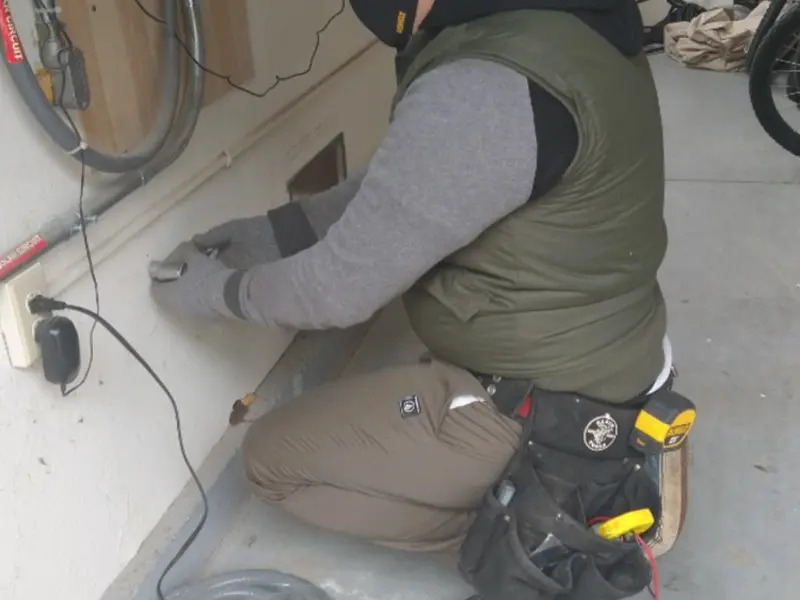 Electrician performing outlet wiring in a Richlands garage